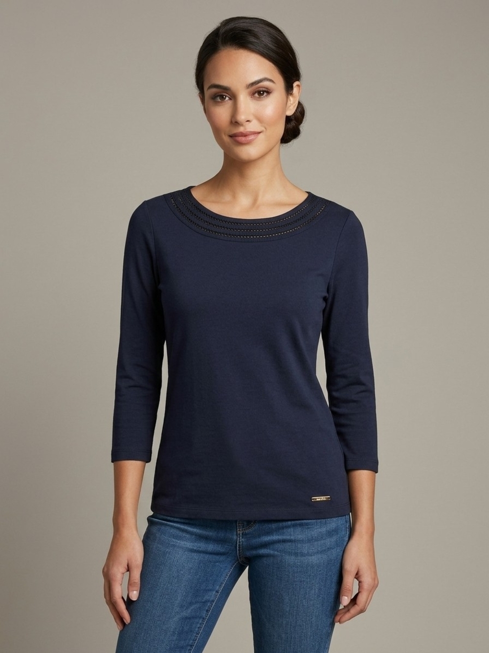 Women's Navy Blue 3/4 Sleeve Cotton Eyelet Neckline Top Small Fall Casual